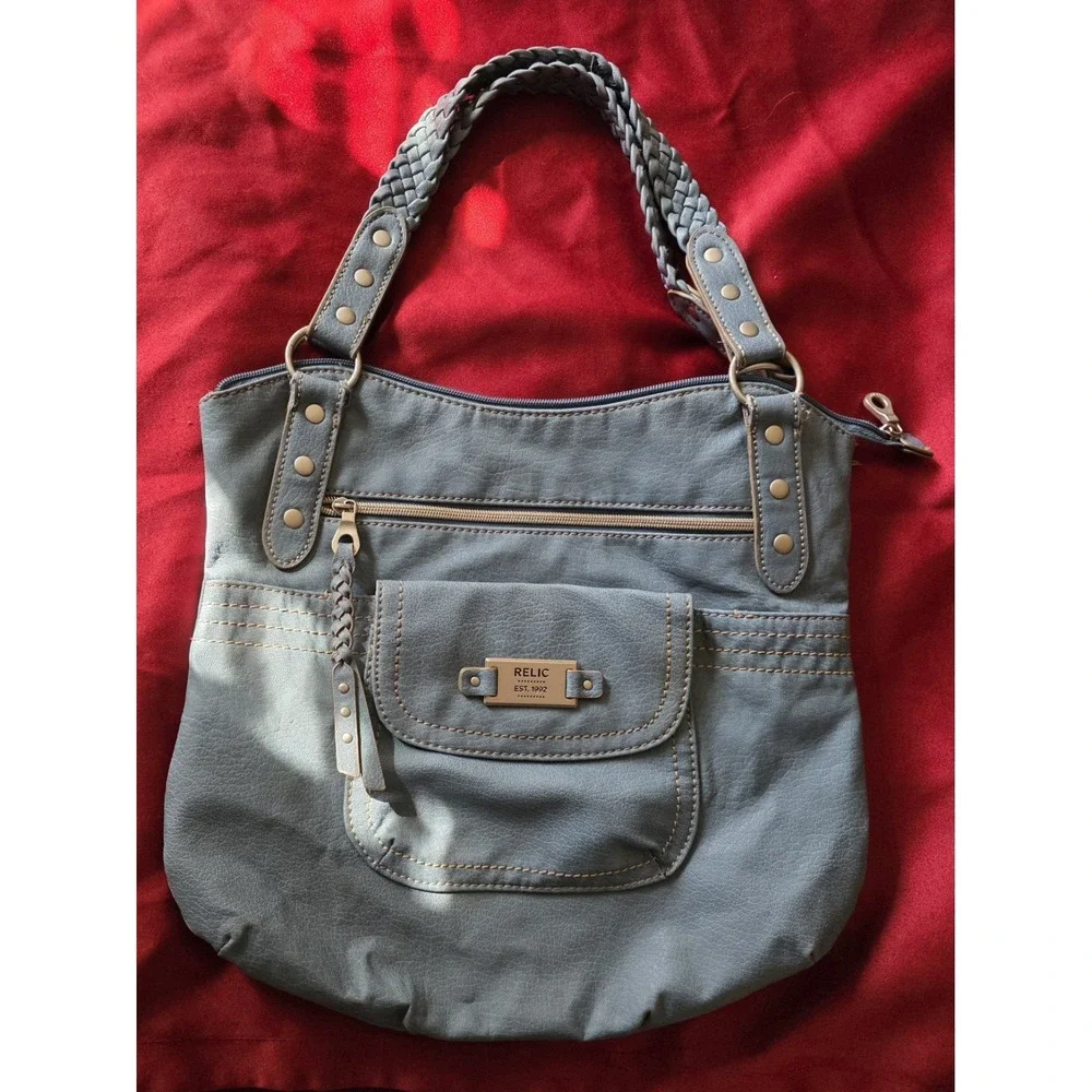Relic by Fossil Slate Blue Faux Leather Shoulder Bag Buckle Accents Medium